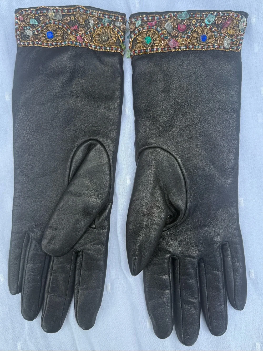 Vintage Beaded Cuff Genuine Leather Gloves Dark Brown Statement Accessories M